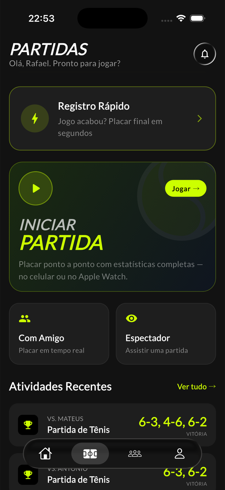 Tela de partidas do AceStat com placar ao vivo e registro rápido